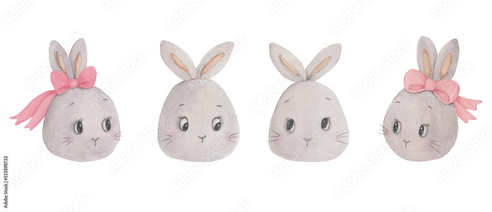 A set of watercolor illustrations of the faces of cute bunnies, with and without pink bows. Hand-painted in watercolor. For decor. 