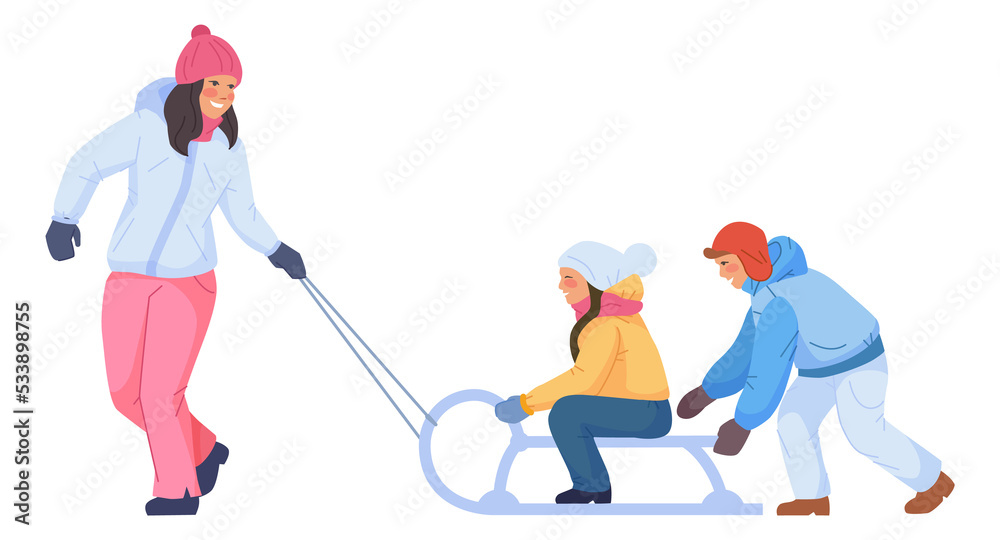 Obraz premium Mom pulling sledge with children. Winter joy activity