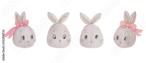 A set of watercolor illustrations of the faces of cute bunnies, with and without pink bows. Hand-painted in watercolor. For decor. 