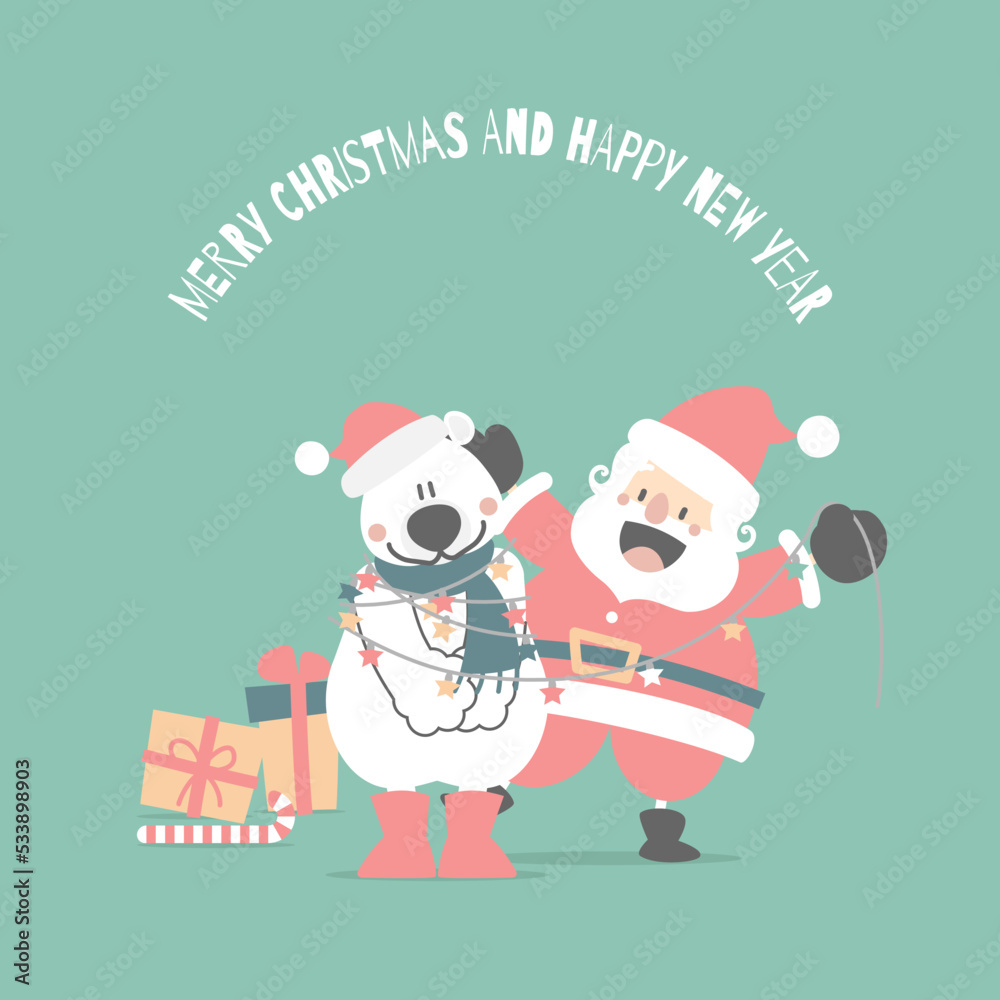 merry christmas and happy new year with cute santa claus and white polar bear, snowflake, star in the winter season green background, flat vector illustration cartoon character costume design