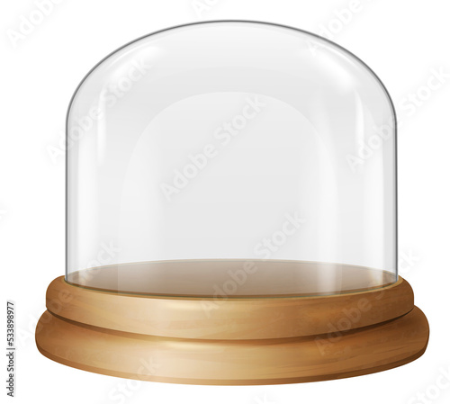 Glass container on wooden tray. Realistic dome mockup