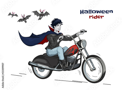 Cartoon dracula on motorcycle. Halloween biker vampire. Cute monster rider. October party clipart. Gothic monster drive motorbike