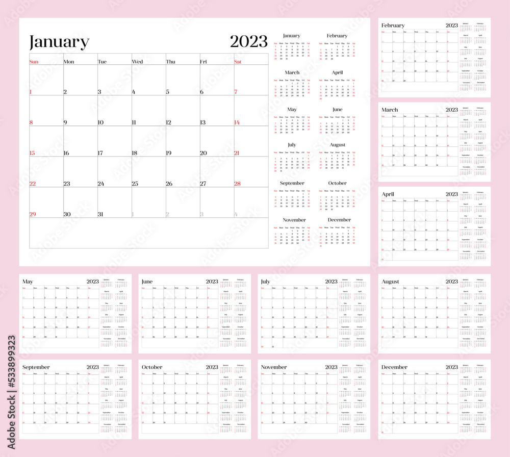 English language planer calendar 2023, Week starts with Sunday.