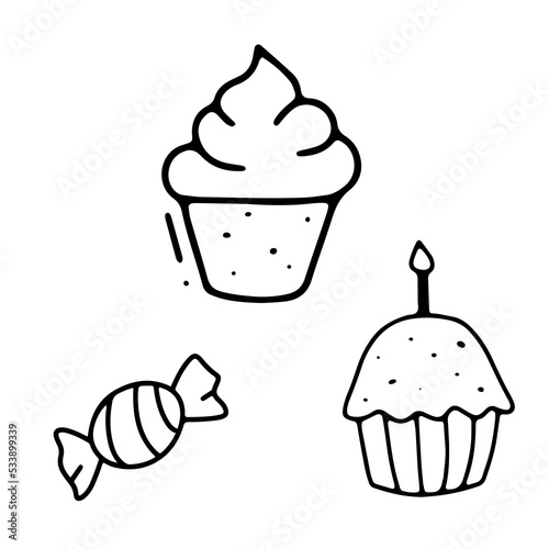 Funny birthday cupcake with candle and candy. Doodle vector illustration isolated on white