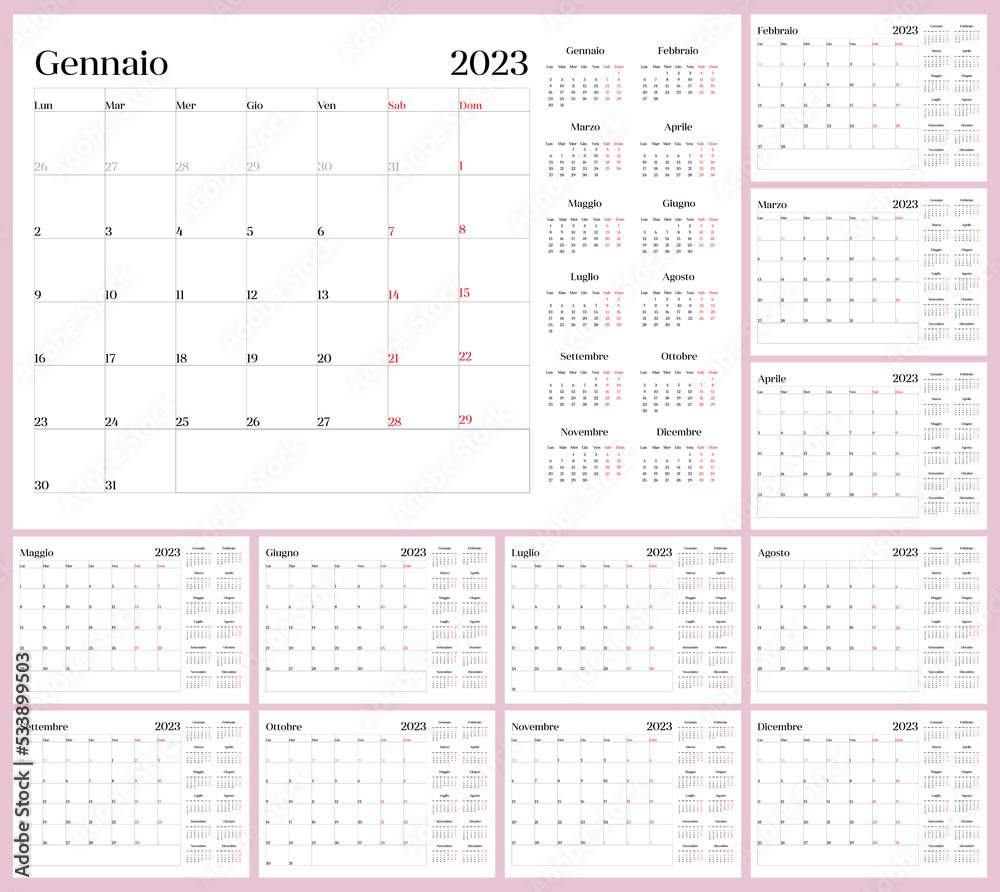 Italian language planer calendar 2023, Week starts with monday - obrazy, fototapety, plakaty 