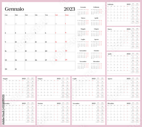 Italian language planer calendar 2023, Week starts with monday