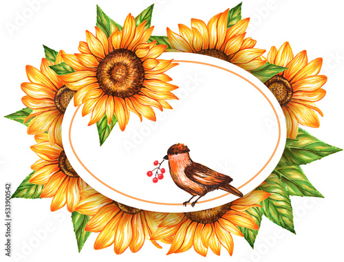 Frame of sunflowers and bird. Watercolor and marker art. Botanical Illustration. 