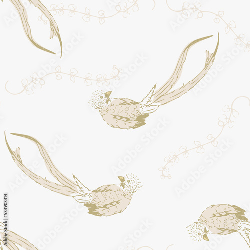 Vector Victorian Bird Drawing with Twigs in Pastel Colors seamless pattern background. Perfect for fabric, scrapbooking and interior design projects.