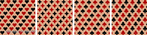 Playing card symbols vector illustration patterns. Suits, hearts, diamonds, spades, clovers. Black and red color icons