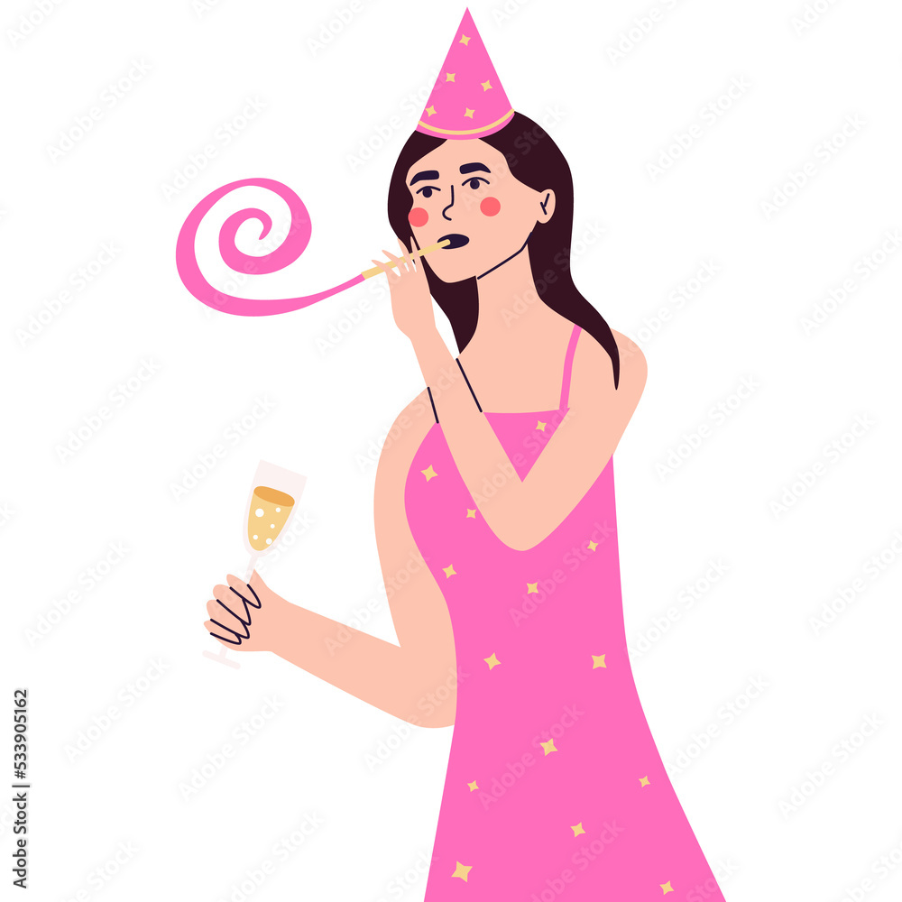 Happy young woman at celebration party. Birthday or New Year eve. Vector flat illustration, isolated on a white background Happy young woman at celebration party. Birthday or New Year eve. Vector flat illustration, isolated on a white background
