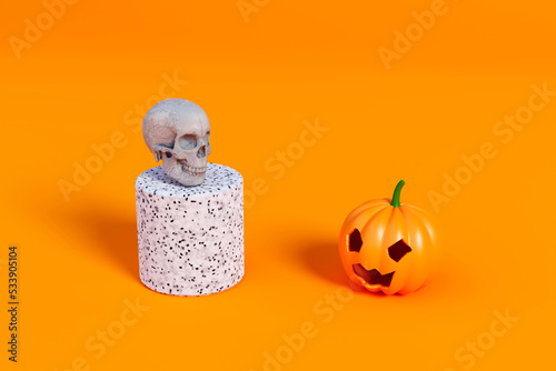 Halloween pumpkin and white skull face to face on a orange background. 3d illustration