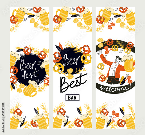 Beer fest banner collection for social media publication, hand drawn doodle style vector illustration. Beer festival or Oktoberfest event promotion kit.