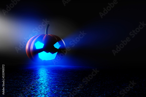 Halloween pumpkin Jack O'Lanterns with purple candle on reflection floor. 3d illustration.