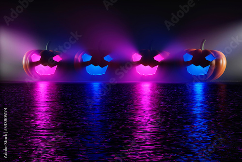 Row of Jack O'Lanterns with blue and purple candles on reflection floor. 3d rendering.