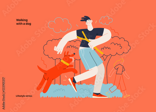 Lifestyle series - Walking with a dog - modern flat vector illustration of a young man and a dog playing outside. People activities concept