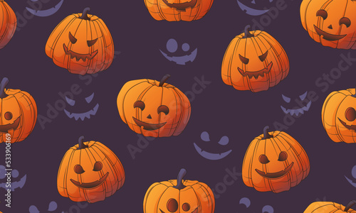 Vector seamless pattern with Halloween pumpkins and smiley faces.  Illustration for wrapping paper, packaging, card decoration, Halloween design.