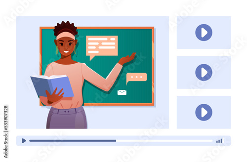 Black Female teacher explaining, video on screen. Digital classroom. Webinar online education. School and online learning concept. Vector illustration in cartoon style.