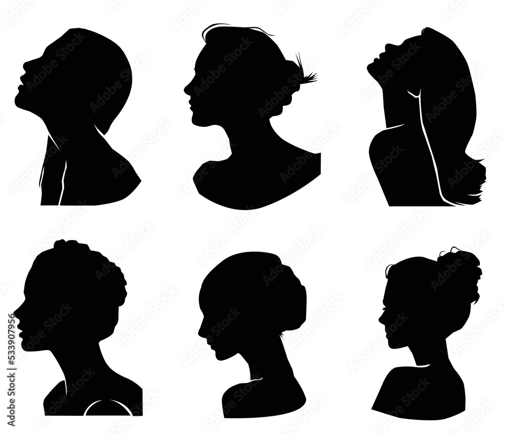 Side view of beautiful girl portrait silhouette set Side view of beautiful girl portrait silhouette set