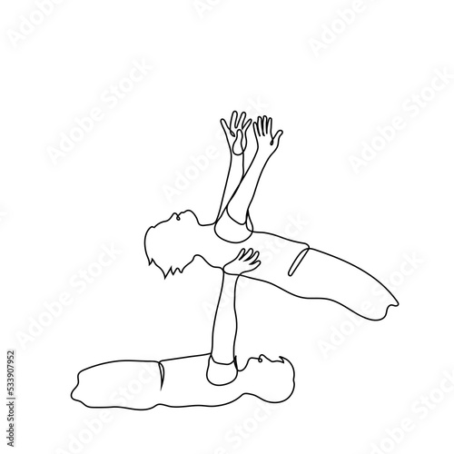 man lying down raises another over him, resting his hands on the back of the second - one line drawing vector. concept support and help from family, friends, ancestors and allies