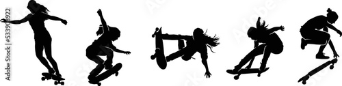 Set of Black silhouette of skateboarder. Skateboard girl. Skateboarding trick ollie. Jump on skateboard. Vector illustration. Silhouette of a cute girl with long hair, with skateboard. 