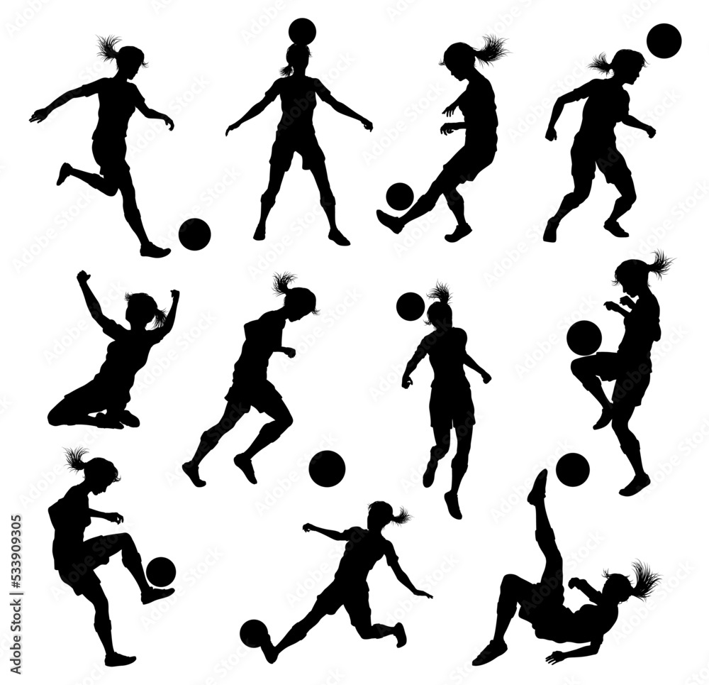 Fototapeta premium A set of female soccer football player women silhouettes