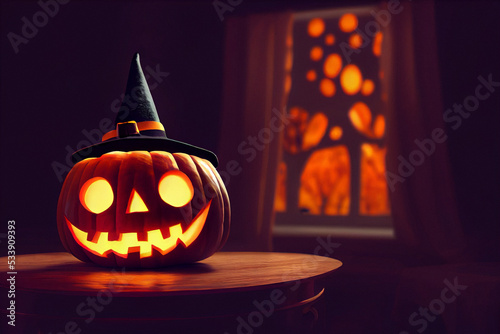 Glowing halloween pumpkin in a witch hat.
