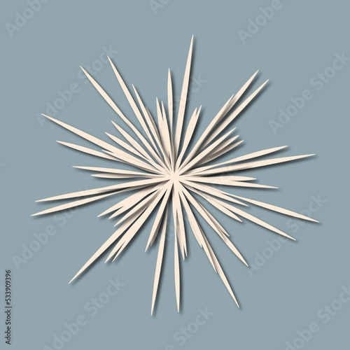 White elegant snowflake in paper cut out style. Ivory flower with shades on pastel blue background. 3d effect.