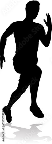 A Runner silhouette sprinter runner or jogger running track or jogging. Detailed person silhouette in outline. Man male athlete racing.