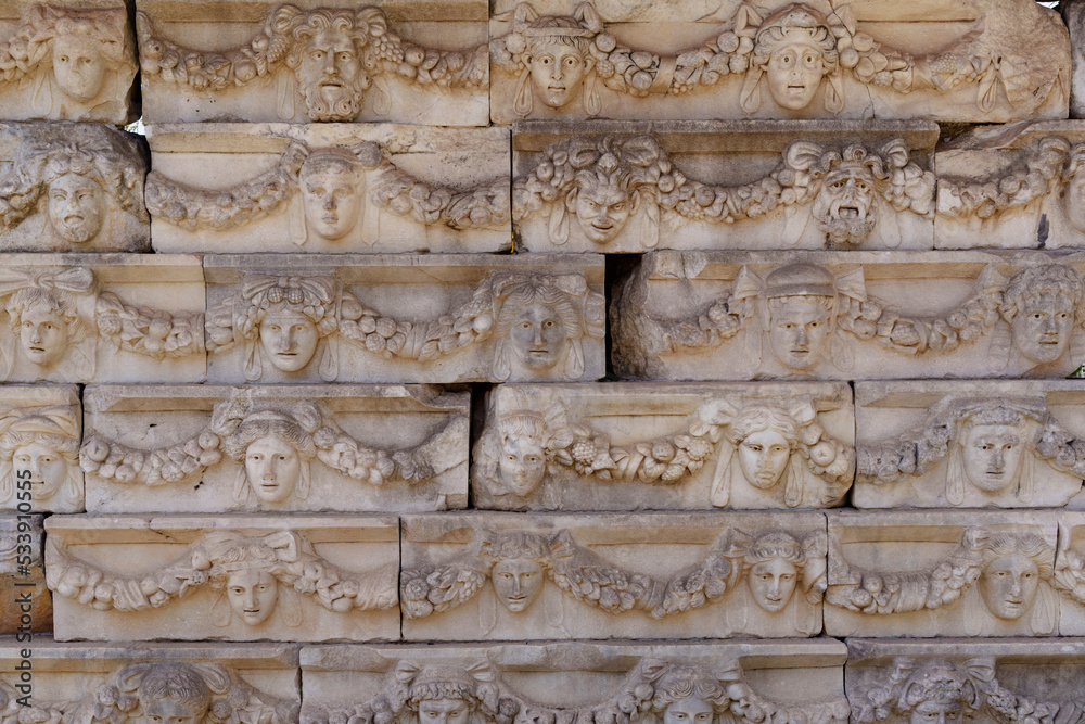 Friezes depicting various gods, goddesses and portrait heads in Aphrodisias, Turkey