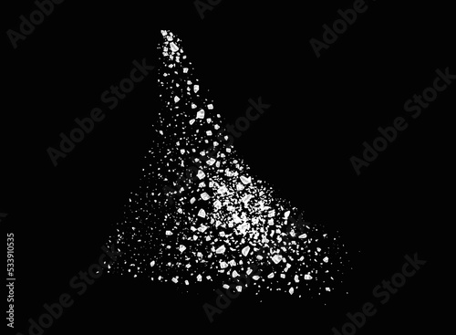 Flying sugar or salt. A scattering of crystals of sugar or salt. Realistic vector illustration isolated on black background.