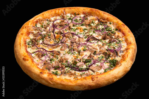 pizza with tuna and red onion on a black background