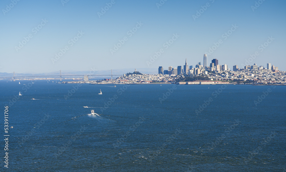 Skyline landscape of San Francisco city from California, United States, during a beautiful sunny day with blue sky, America.