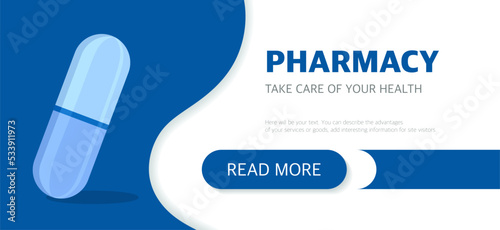 Landing page of the pharmacy website. The concept of medicine and health. Vector illustration in a flat style on a blue background
