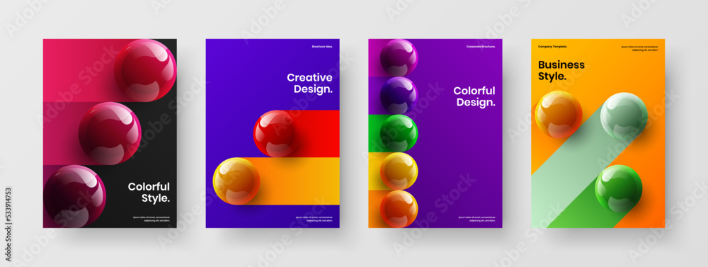 Colorful journal cover A4 design vector template set. Geometric realistic spheres annual report concept collection.