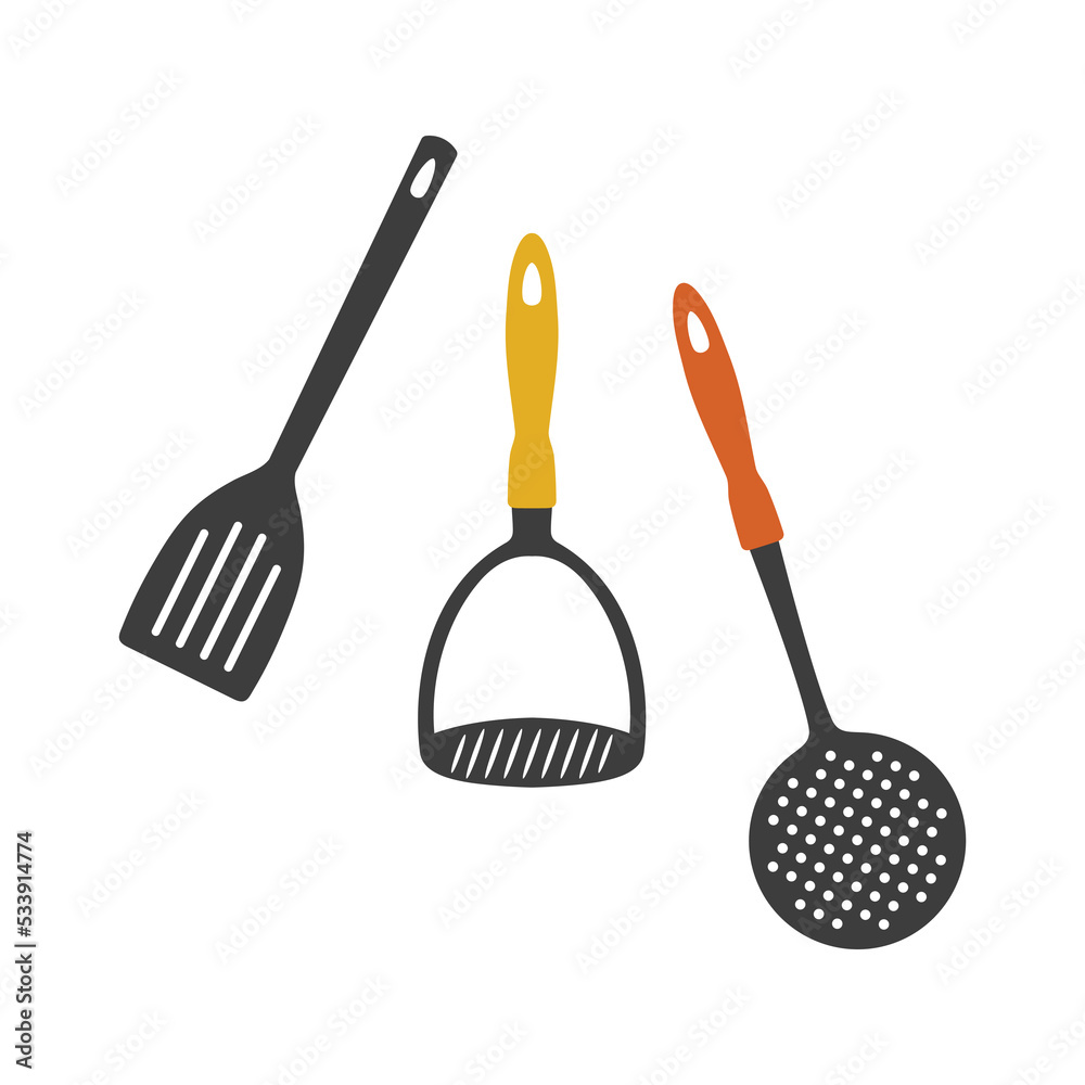 Cookware icon set isolated on white. Plastic skimmer, cooking spatula and potato masher. Kitchen utensils. Flat vector illustration. Cookware icon set isolated on white. Plastic skimmer, cooking spatula and potato masher. Kitchen utensils. Flat vector illustration.