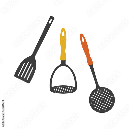 Cookware icon set isolated on white. Plastic skimmer, cooking spatula and potato masher. Kitchen utensils. Flat vector illustration.