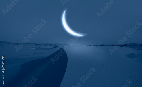 Fotografia Crescent moon over Sahara desert at night