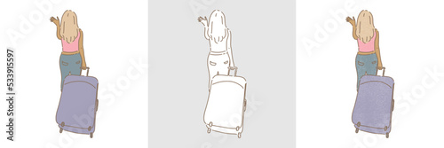 Back view of woman with luggage in her hand, saying hi, hello, good bye. Travel concept. Set of different styles hand drawn flat vector illustration isolated on colored background.