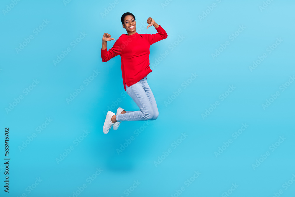 Full size photo of hooray young short hairdo lady jump index herself wear pullover jeans footwear isolated on blue background
