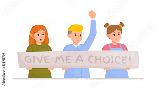 Vector illustration of children protesting. Characters chanting "give me a choice. Children protesting against restrictions on freedom of speech.