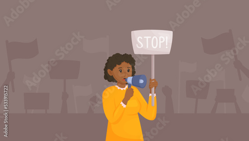 Vector illustration of an African girl in the background with a protest. The character rallies in the crowd and chants "stop!".