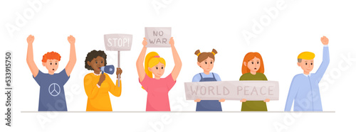 Vector illustration of a popular protest. Rally against the war. Characters children and teenagers in flat style.