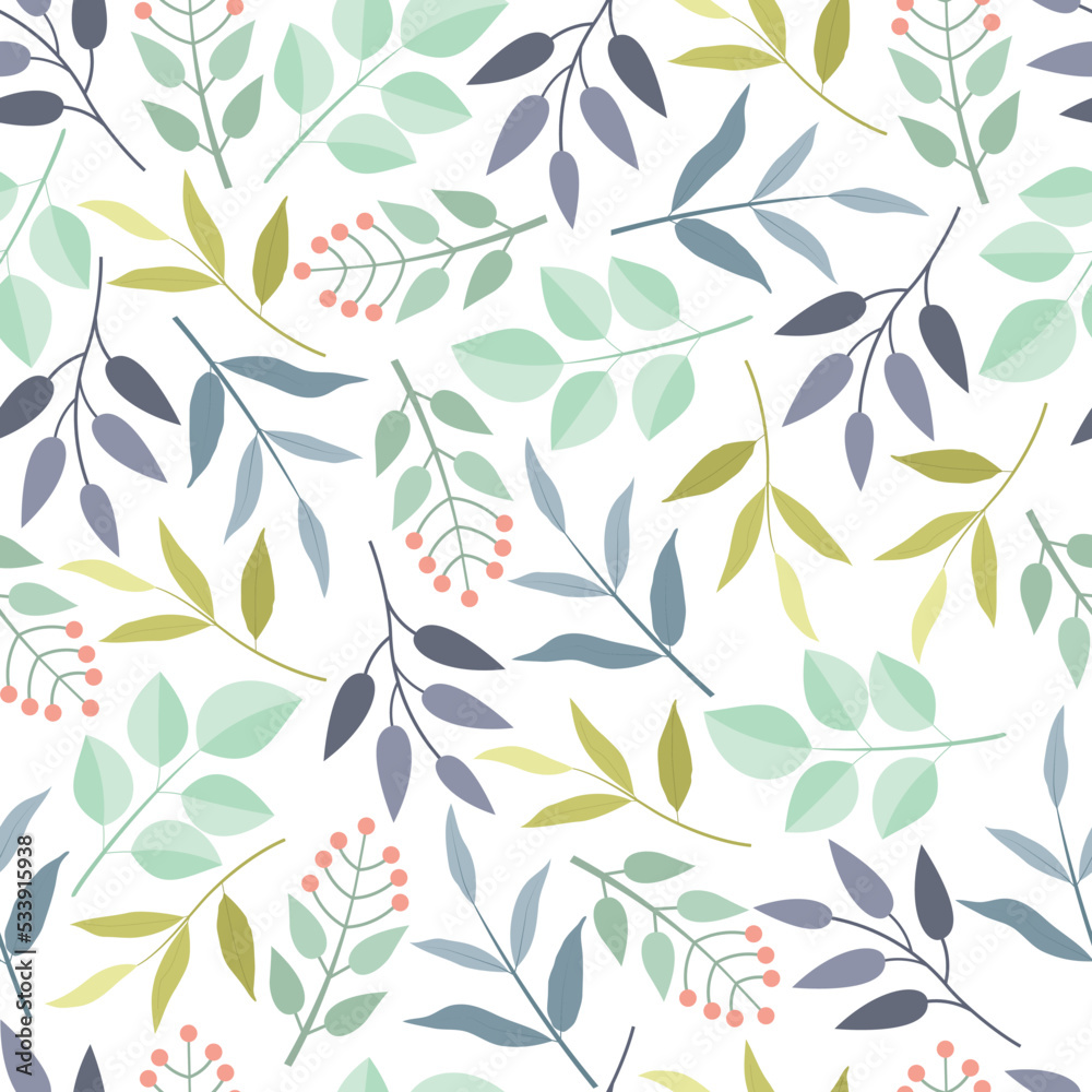 Stylish trendy foliage vector seamless ditsy pattern design. Modern elegant repeating branches of leaves texture background for printing and textile