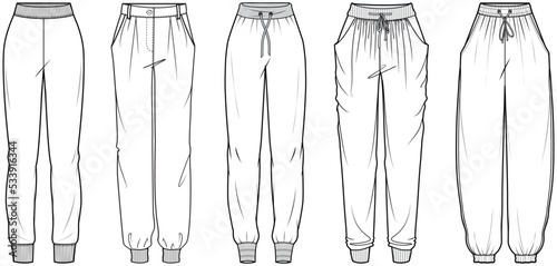 flat sketch set of womens jogger pants vector illustration