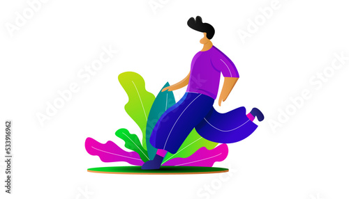 Flat illustration of people running leisurely colorful gradient,cartoon illustration with leaves