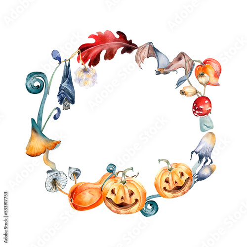 Halloween wreath with colorful pumpkins watercolor illustration isolated on white.