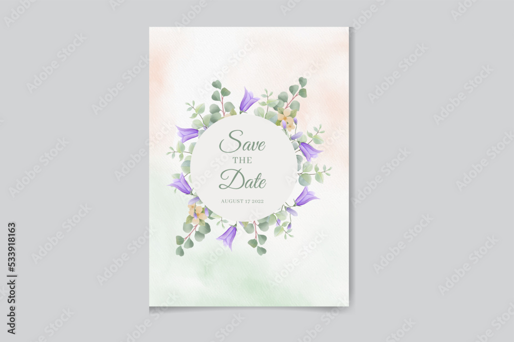 Watercolor vector wreath wedding invitation card with green eucalyptus leaves and flowers .