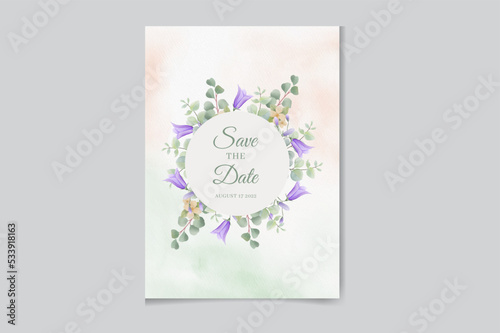 Watercolor vector wreath wedding invitation card with green eucalyptus leaves and flowers .