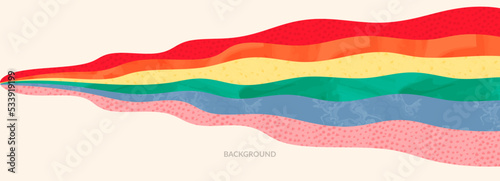 Rainbow collage aesthetic vector illustration banner, pride month. Positive colorful kid shapes, contemporary spectrum decoration, trendy stripe pattern, freedom design, equality and diversity symbol