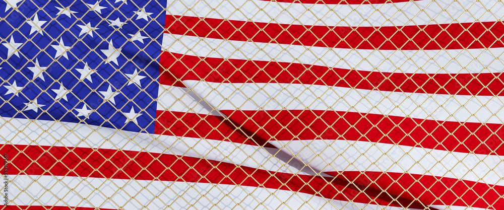 3D render of usa flag behind steel mesh wire fence. the flag of america. 3D render of usa flag behind steel mesh wire fence. the flag of america.